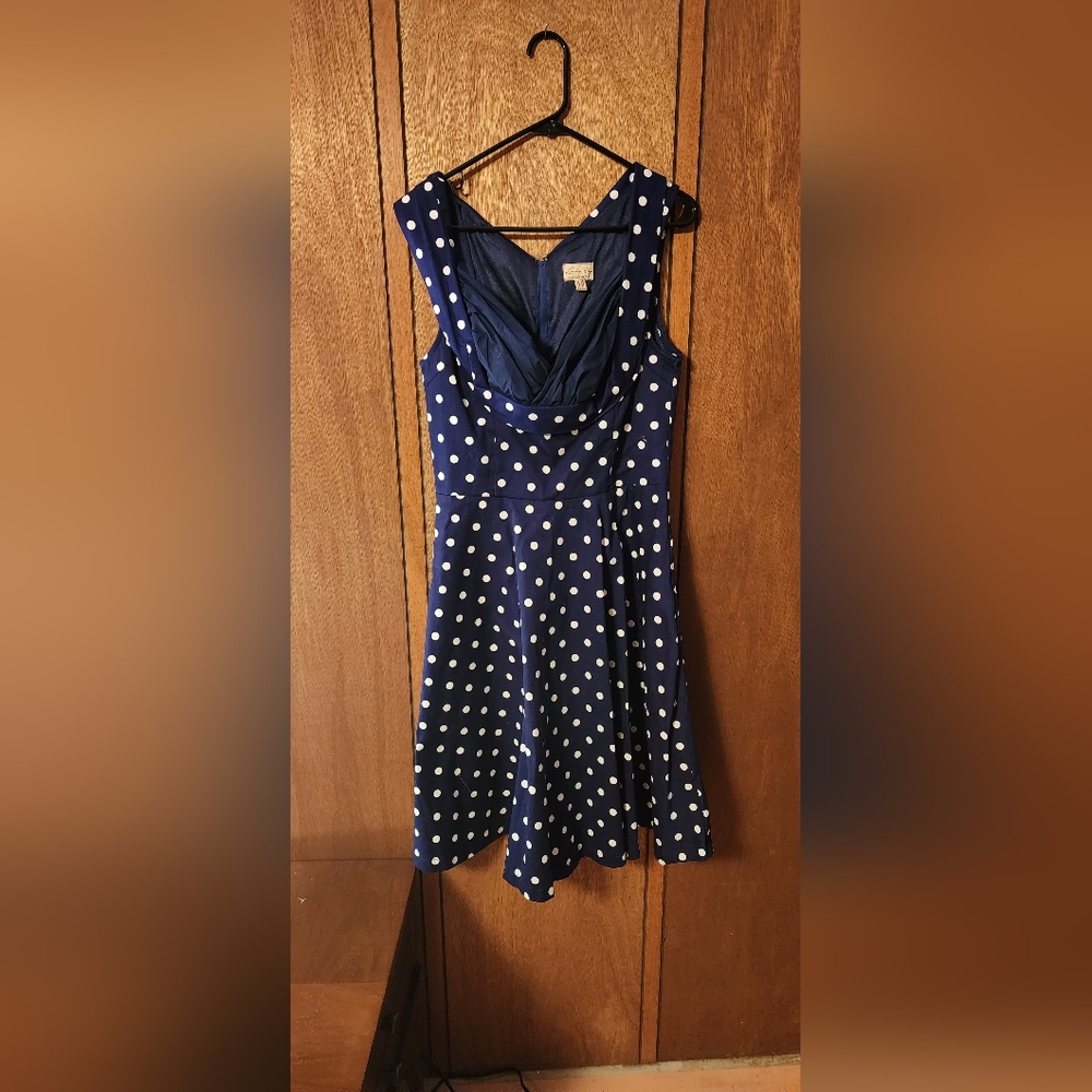 Lindy Bop Navy Blue Polka Dot Midi Dress with White Dots